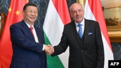 匈牙利总统舒尤克（Tamas Sulyok ）在布达佩斯总统府与到访的中国国家主席习近平握手。（2024年5月9日）
