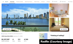 Сторінка на сайті нерухомості Redfin.com рекламує кондомініум, яким раніше володів Абрамов, у будівлі Residence du Cap, 2600 Island Blvd.