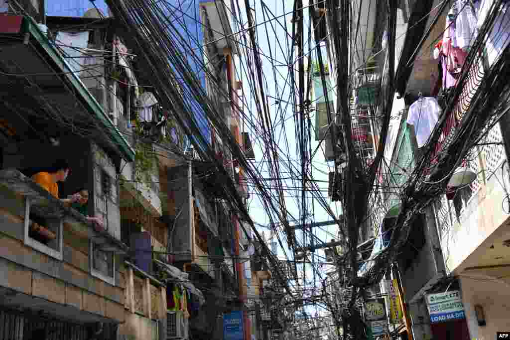 Maze of cable and wires are seen outside the buildings in Manila, Philippines.