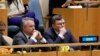 Постійний представник України при ООН Сергій Кислиця і міністр закордонних справ України Дмитро Кулеба під час засідання Генеральної Асамблеї ООН. AP Photo/John Minchillo