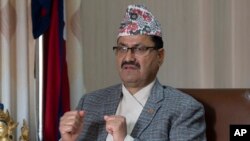 Waziri wa Mambo ya Nje wa Nepal Narayan Prakash Saud akiongea na shirika la habari la Associated Press katika ofisi yake huko Kathmandu, Jan. 25, 2024. 
