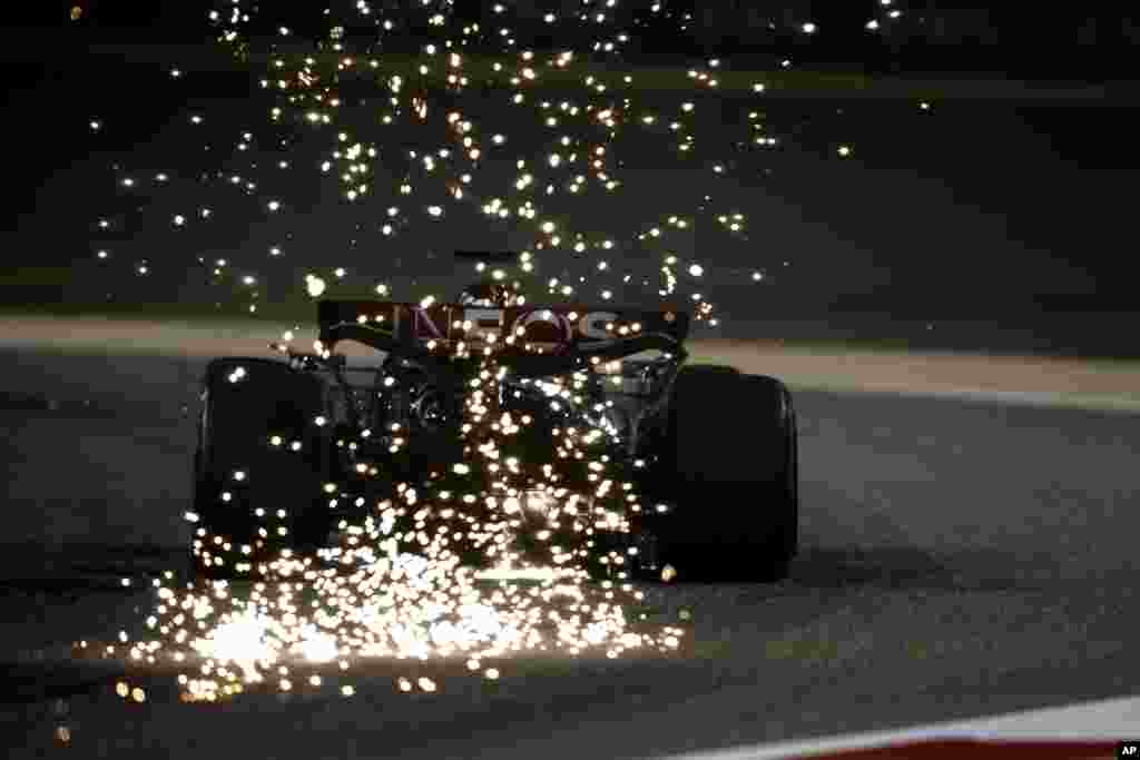 Mercedes driver George Russell of Britain steers his car during the second practice session ahead of the Formula One Bahrain Grand Prix at the Bahrain International Circuit in Sakhir, Bahrain.
