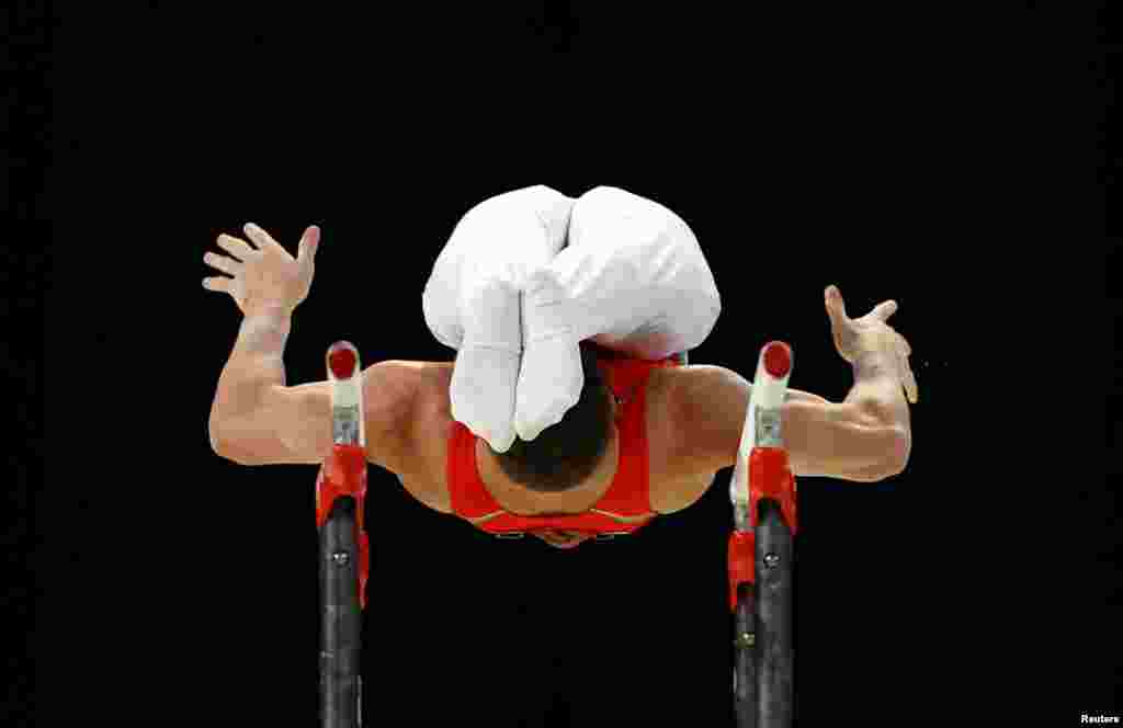 Wales' Jacob Edwards competes in the men's all-around final gymnastics during the Commonwealth Games at the Arena Birmingham in Brimingham, Britain.