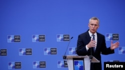 北约秘书长延斯·斯托尔滕贝格（Jens Stoltenberg）3月16日在布鲁塞尔举行新闻发布会。