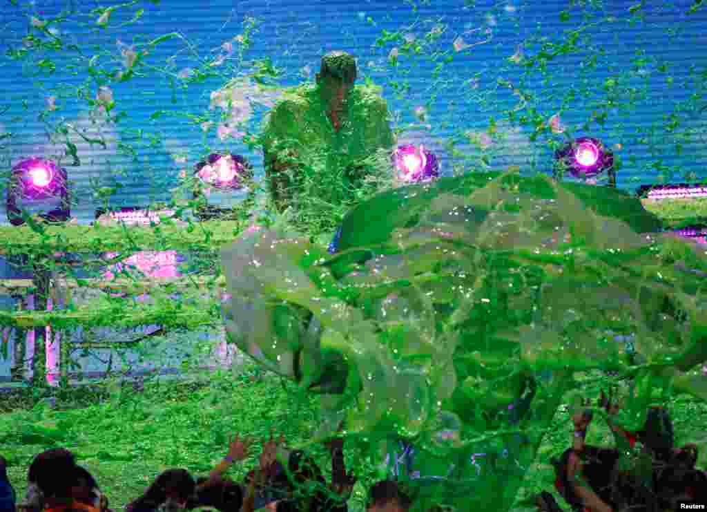 Host John Cena gets "slimed" at the 2018 Kids Choice Awards show in Inglewood, California, March 24, 2018.