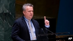 Постійний представник України при ООН Сергій Кислиця виступає на Генеральній Асамблеї ООН. 7 квітня 2022 р. 
