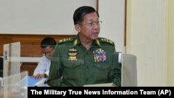 缅甸国防军总司令敏昂莱（Min Aung Hlaing）发表讲话。（2023年1月23日）