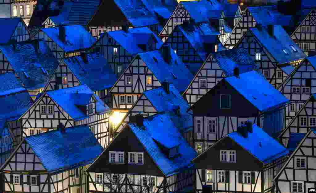 The architectural monument "Alter Flecken" with 80 half-timbered houses are seen in the old town of Freudenberg, western Germany, Feb. 13, 2021.
