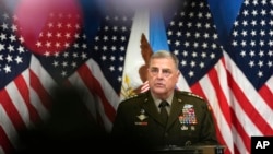 Голова Об’єднаного комітету начальників штабів США Марк Міллі під час виступу у Брюсселі, 15 червня 2023 р. AP Photo/Virginia Mayo