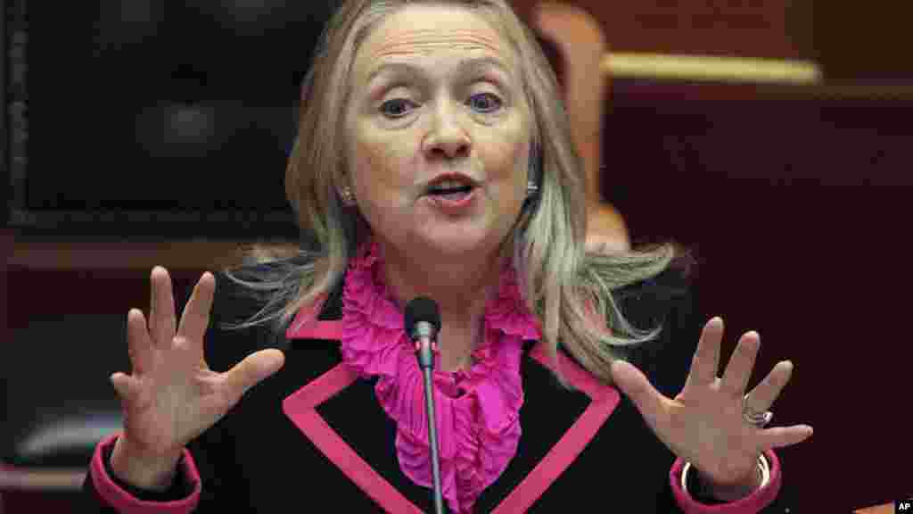 DIPLOMACY Former secretary of state Hillary Clinton is credited by some conservationists with making a long-time conservation issue a question of global strategy to fight terrorism in Africa. She even made the case before Albania's parliament (above) in November, 2012. 