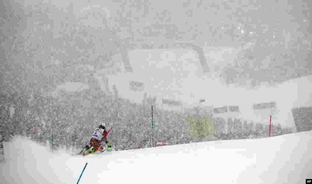 Norway's Henrik Kristoffersen races in the FIS Alpine World Cup Men's slalom event in Kitzbuehel, Austria, Jan. 21, 2018.
