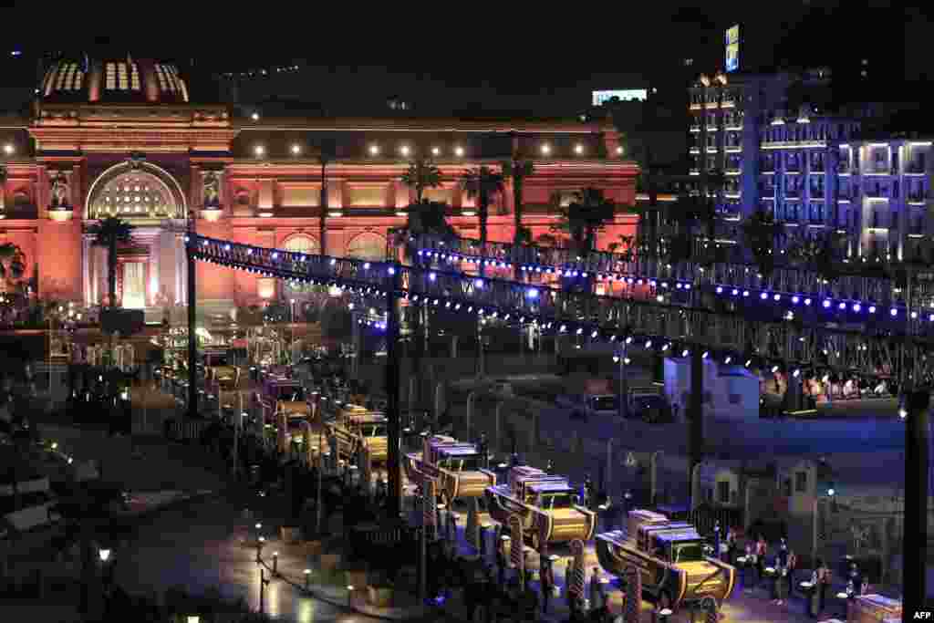 Twenty two ancient Egyptian royal mummies are transported in a convoy from the Egyptian Museum in Cairo's Tahrir Square, April 3, 2021, to their new resting place at the new National Museum of Egyptian Civilization.