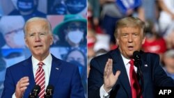资料照：共和党总统候选人特朗普（右）和民主党总统候选人拜登分别在竞选集会上。