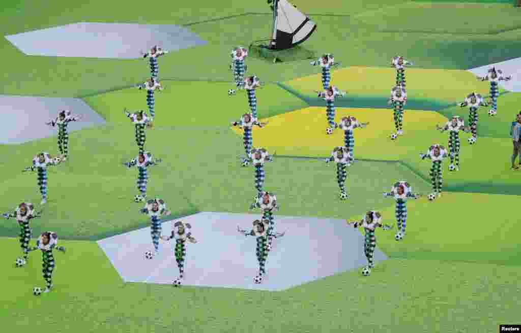 Artists perform during the opening ceremony of the 2018 soccer World Cup at the Luzhniki Stadium, Moscow, Russia.