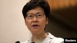 香港特首林郑月娥在区议会选举后对媒体讲话。（2019年11月26日）