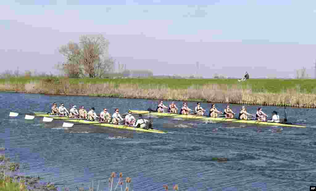 The Oxford, right, and Cambridge boats compete during the Varsity Women's Boat Race on the Great Ouse river at Ely in Cambridgeshire, England.