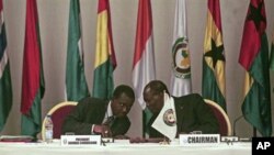Tổng thống Côte d'Ivoire Alassane Ouattara (phải), chủ tịch ECOWAS trong phiên họp ở Abidjan