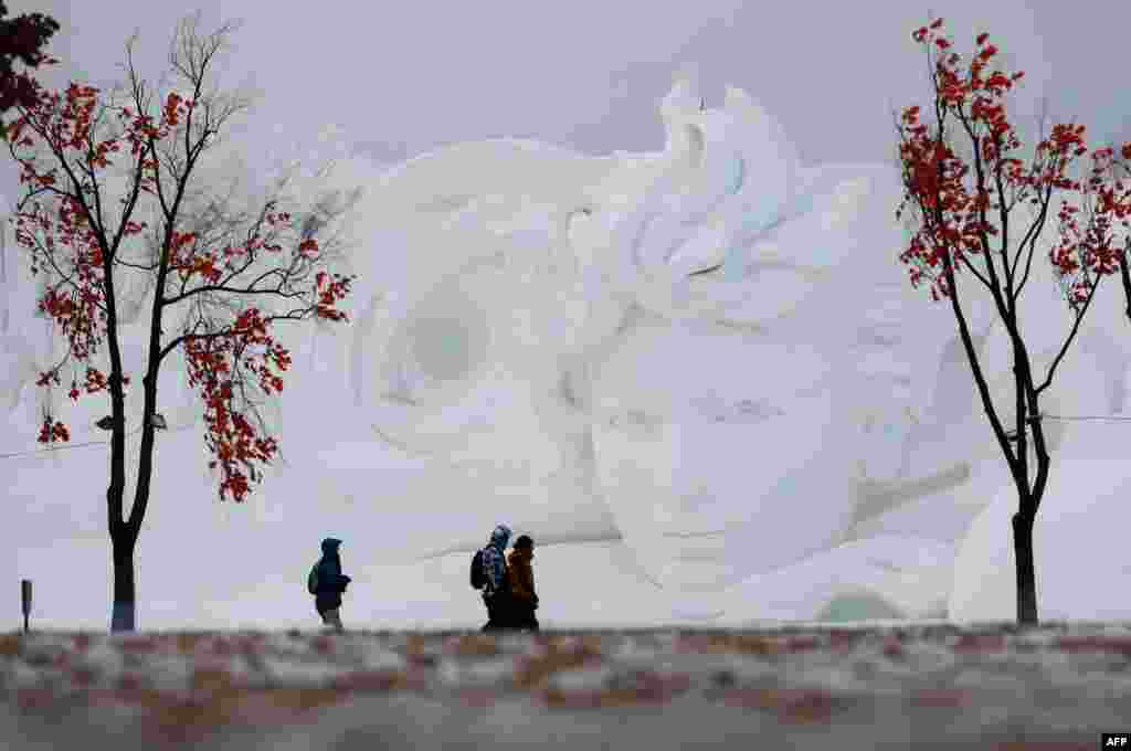 参观者2019年1月4日在中国黑龙江省的哈尔滨观看雪雕。