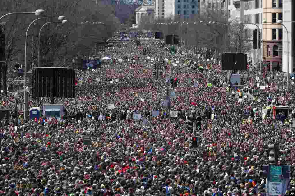 The crowd fills Pennsylvania Avenue during the "March for Our Lives" rally in support of gun control, March 24, 2018, in Washington, D.C.