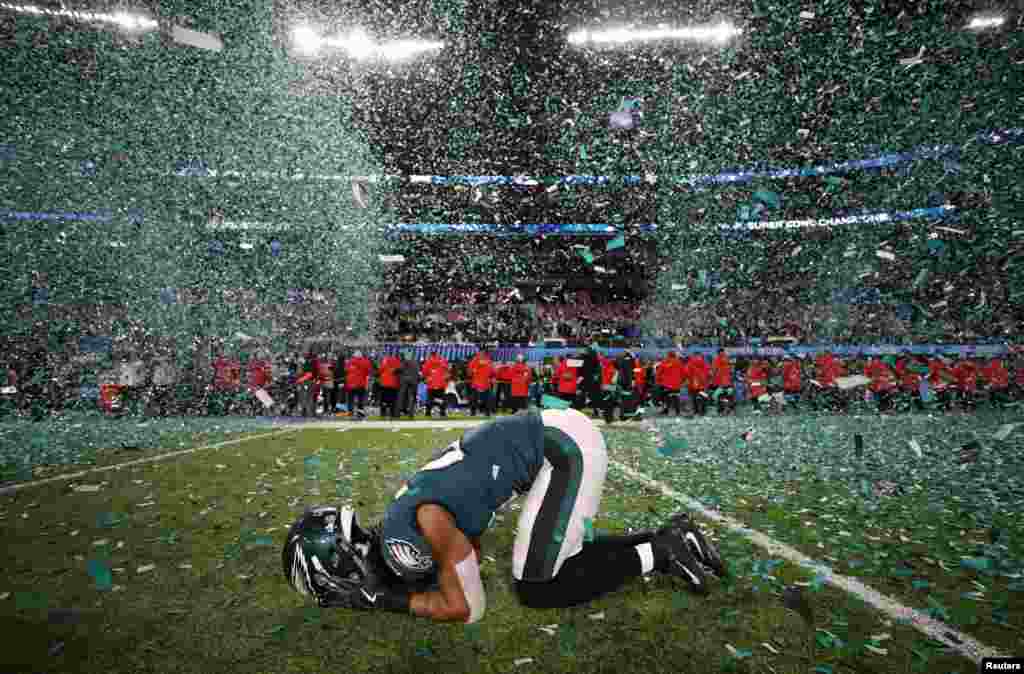 Philadelphia Eagles’ Patrick Robinson celebrates winning Super Bowl LII, at U.S. Bank Stadium in Minneapolis, Minnesota, Feb. 4, 2018.