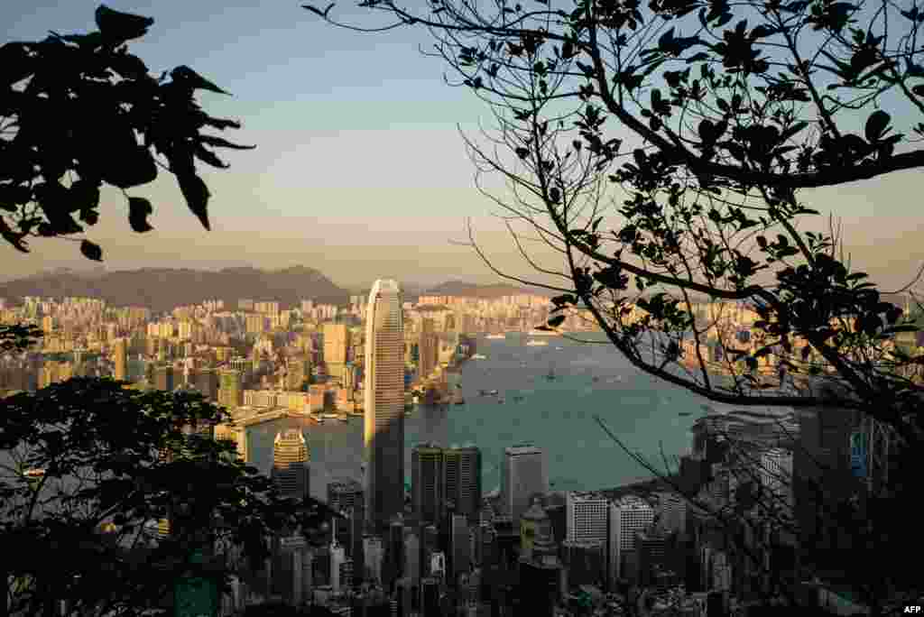 2018年1月12日,从香港的山顶俯瞰维多利亚港、九龙区及香港岛。