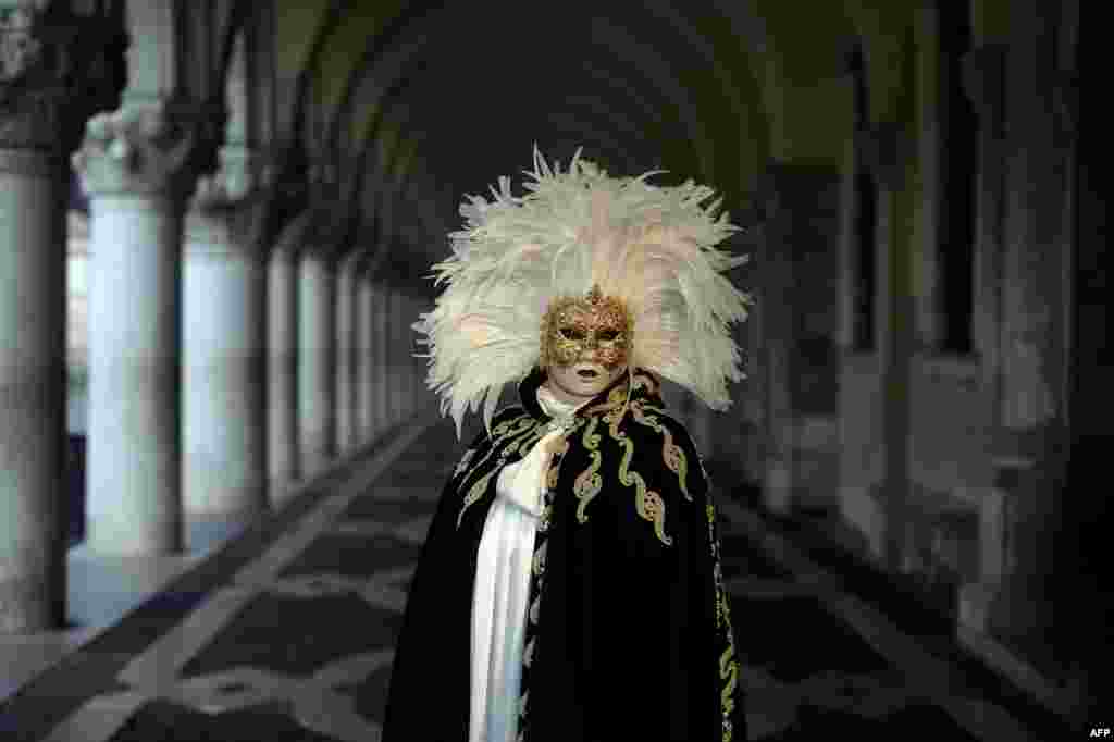 A masked reveler wearing a traditional carnival costume stands in St. Mark Square during Venice's Carnival, Italy.