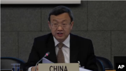 中国商务部副部长王受文2018年7月11日在世贸组织会上发言（美联社）