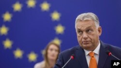 资料照：匈牙利总理兼欧盟理事会主席欧尔班·维克多 (Viktor Orban) 在法国斯特拉斯堡欧洲议会发表讲话。（2024年10月9日）