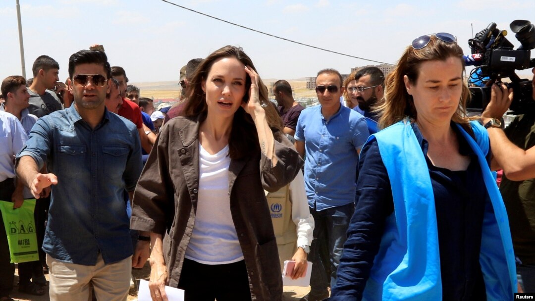 FILE - U.N. refugee agency special envoy Angelina Jolie attends a news conference during her visits to a camp for Syrian refugees in Dohuk, Iraq, June 17, 2018. The agency said Dec. 16, 2022, that Jolie would be leaving her U.N. post.