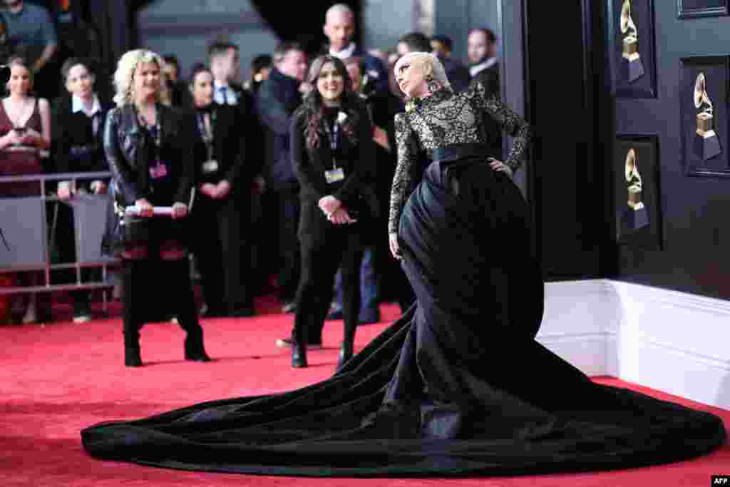 Lady Gaga arrives for the 60th Grammy Awards in New York, Jan. 28, 2018.
