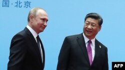 中国国家主席习近平与俄罗斯总统普京2019年4月27日在北京举行的一带一路论坛上。