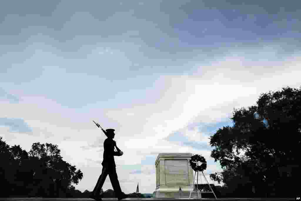 A member of the U.S. Army 3rd Infantry Regiment walks his post in front of The Tomb of the Unknown Soldier in Arlington National Cemetery during the Memorial Day weekend in Arlington, Virginia, May 27, 2018.
