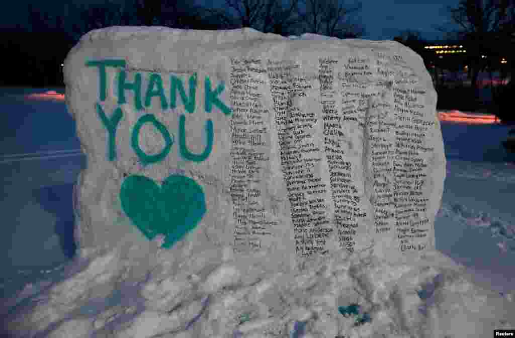 The boulder known as "the Rock" is seen, on the campus of Michigan State University, painted with the names of victims of Larry Nassar, a former team USA Gymnastics doctor, in East Lansing, Michigan.