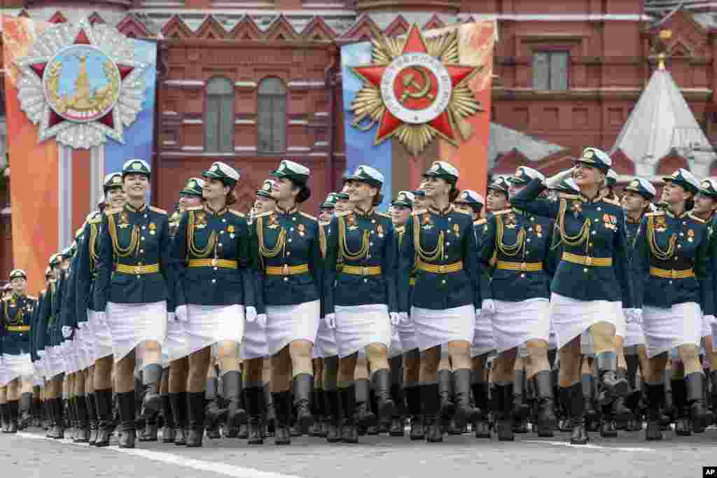 Russian cadets march during a rehearsal for the Victory Day military parade in Red Square in Moscow.