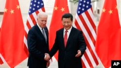 资料照：中国领导人习近平在北京人大会堂会晤时任美国副总统的拜登。（2013年12月4日）
