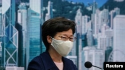 香港特首林郑月娥在记者会上。（2020年7月31日）
