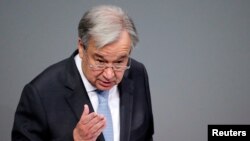 2020年12月18日，联合国秘书长古特雷斯在德国柏林联邦议院演讲。