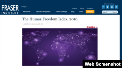 加拿大弗雷泽研究所星期二发表最新的人类自由指数报告 (网页截屏)