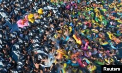人们在中国辽宁省抚顺市的一个游泳馆里玩水避暑。（2017年7月31日）