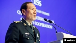 中国国防部长魏凤和2019年6月2日在香格里拉对话会上发言（路透社）