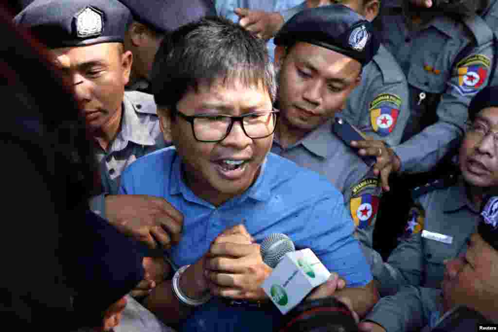 Reuters journalist Wa Lone arrives at the court in Yangon, Myanmar. Wa Lone and another Reuters journalist Kyaw Soe Oo were formally charged with violating the country's Official Secrets Act almost one month after they were allegedly given classified documents by two policemen over dinner.
