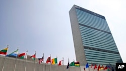 联合国成员国的旗帜在纽约联合国总部大厦外飘扬。