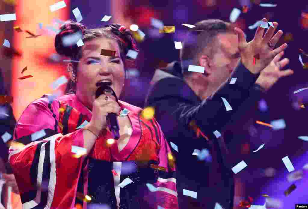 Israel's Netta performs after winning the Grand Final of Eurovision Song Contest 2018 at the Altice Arena hall in Lisbon, Portugal, May 12, 2018.