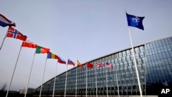 Прапори майорять біля штаб-квартири НАТО в Брюсселі, 28 лютого 2020 року. (Фото: AP Photo/Olivier Matthys, File)