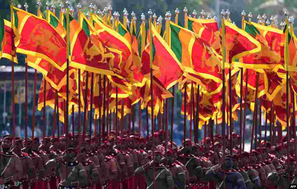 Sri Lankan military personnel march during the country's 70th Independence Day celebrations in Colombo.