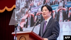 台湾总统赖清德星期三(2024年6月19日)在就任一个月新闻发布会上发言。（台湾总统府照片）