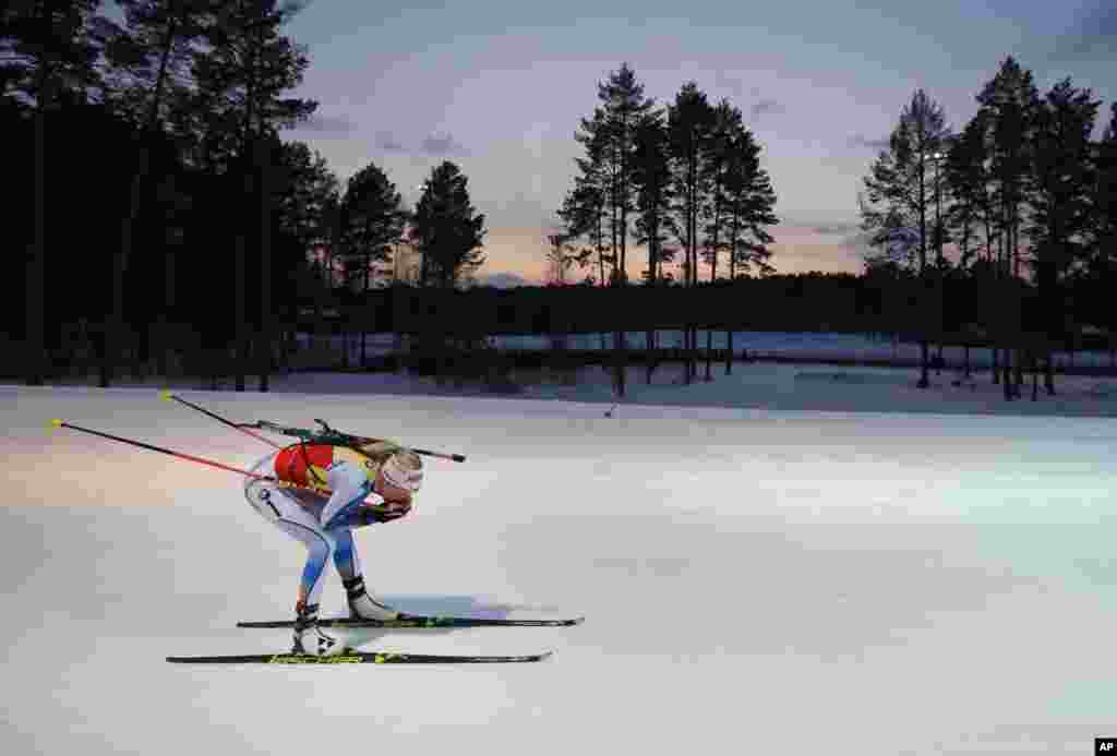 Finland's Kaisa Makarainen competes during the Biathlon women's World Cup 12.5km mass start event, in Tyumen, Russia.