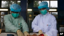 检验人员检查鸡群是否感染H7N9禽流感病毒