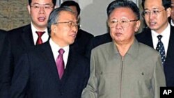 中国国务委员戴秉国(左)同朝鲜领导人金正日(右)会面