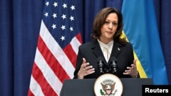 Віцепрезидентка США Камала Гарріс під час спільної пресконференції з президентом України Володимиром Зеленським на Мюнхенській конференції з безпеки (MSC) у Німеччині, 17 лютого 2024 року. (REUTERS)